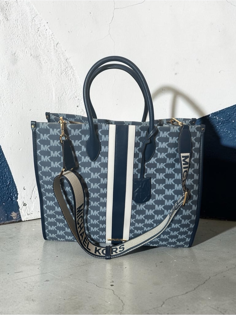 Michael Kors Mirella Medium Tote Bag Navy Multi Stripe Jacquard Canvas Crossbody